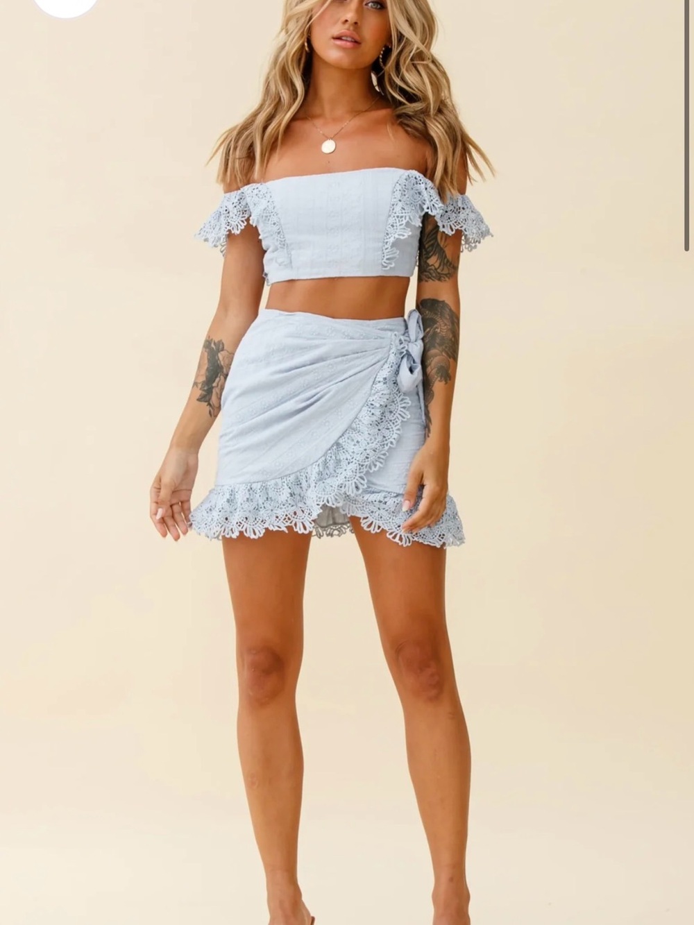 Light Blue Lace Trim Wrap Skirt - Women